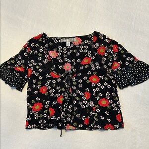Urban Outfitters Black and Red Floral Tie Front Blouse